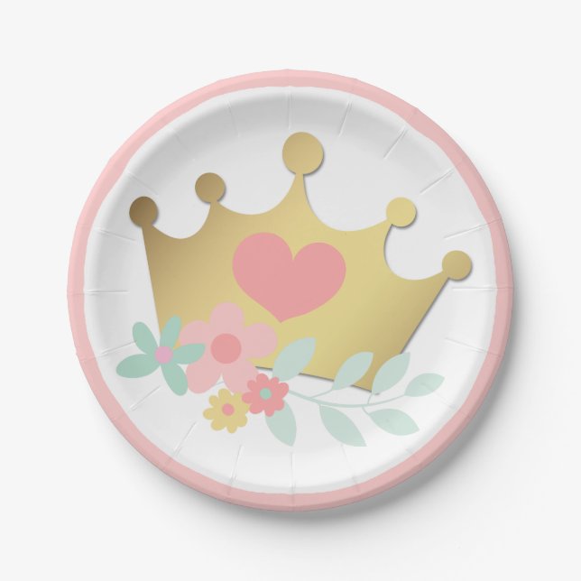 Pink Princess Gold Crown & Pastel Flowers Birthday Paper Plates (Front)