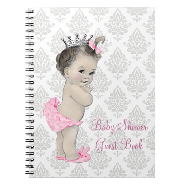 Pink Princess Gray Damask Baby Shower Guest Book (Front)