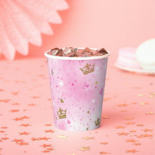 Pink Princess Hearts & Crown Tiara Birthday Party Paper Cups