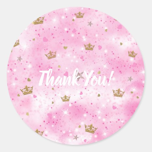 Pink Princess Hearts Stars  Crowns Birthday Party Classic Round Sticker