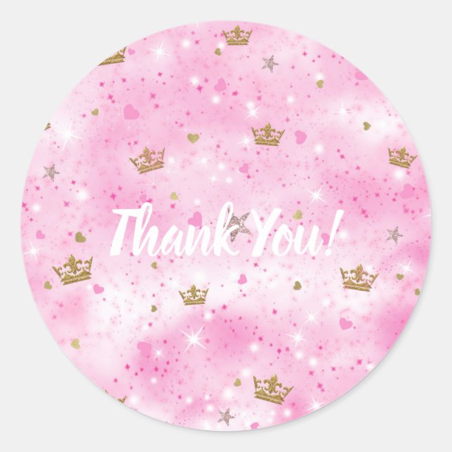 Pink Princess Hearts Stars & Crowns Birthday Party Classic Round Sticker (Front)