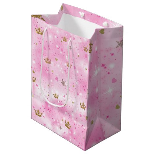 Pink Princess Hearts Stars  Crowns Birthday Party Medium Gift Bag