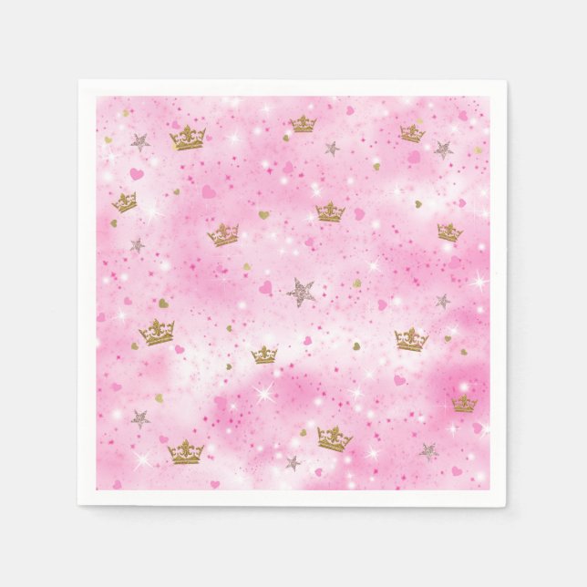 Pink Princess Hearts Stars & Crowns Birthday Party Napkins (Front)