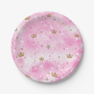 Pink Princess Hearts Stars & Crowns Birthday Party Paper Plates