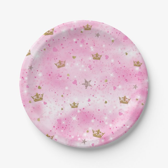 Pink Princess Hearts Stars & Crowns Birthday Party Paper Plates (Front)