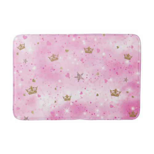 Pink Princess Hearts Stars Crowns Glitter Sparkle Bath Mat