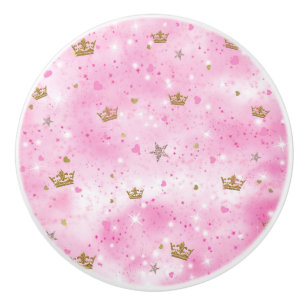 Pink Princess Hearts Stars Crowns Glitter Sparkle Ceramic Knob