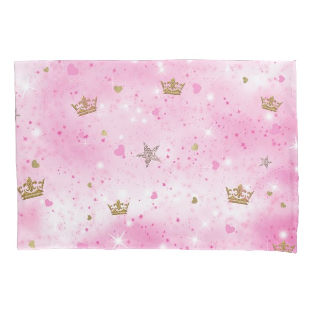 Pink Princess Hearts Stars Crowns Glitter Sparkle Pillow Case (Front)
