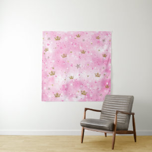 Pink Princess Hearts Stars Crowns Glitter Sparkle Tapestry