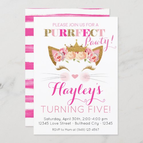 Pink Princess Kitten Cat Birthday Invitation
