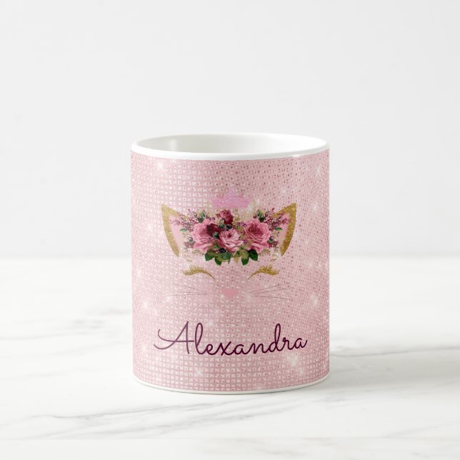 Pink Princess Kitten Rose Gold Blush Pink Glitter Coffee Mug (Center)