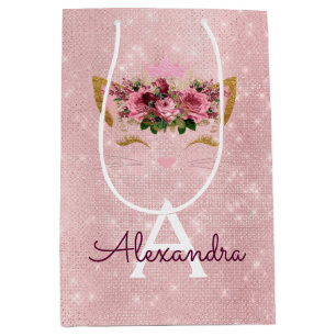 Pink Princess Kitten Rose Gold Blush Pink Glitter Medium Gift Bag