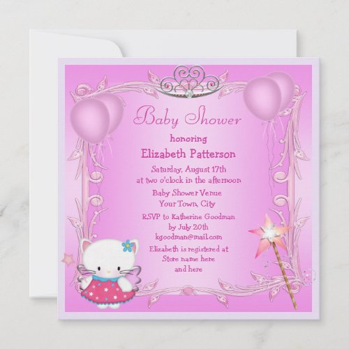Pink Princess Kitty Cat Fairy Baby Shower Invitation