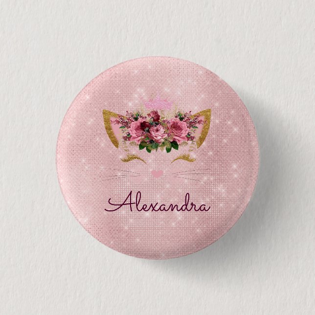 Pink Princess Kitty Rose Gold Blush Pink Glitter Button (Front)