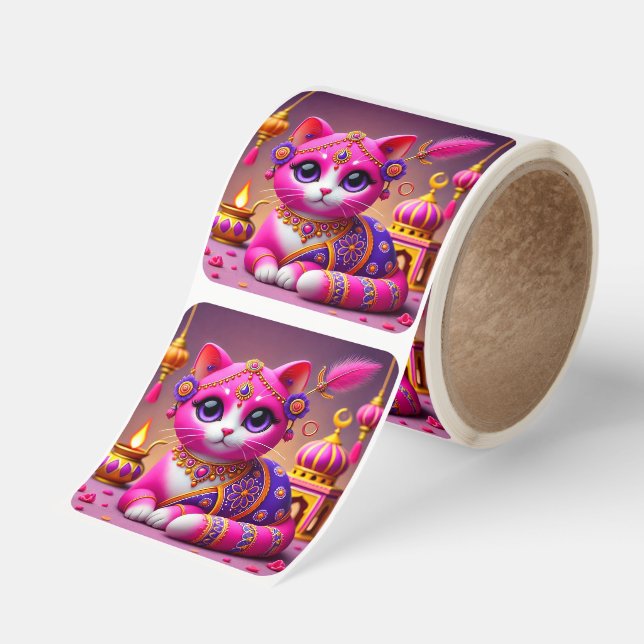 Pink Princess Kitty Square Sticker (Roll)