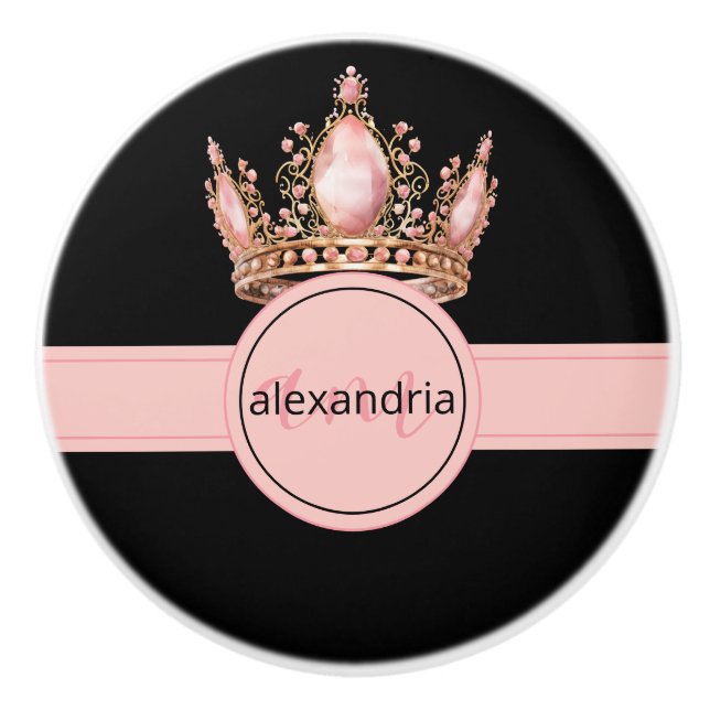 Pink Princess Monogram Tiara Girly Ceramic Knob (Front)