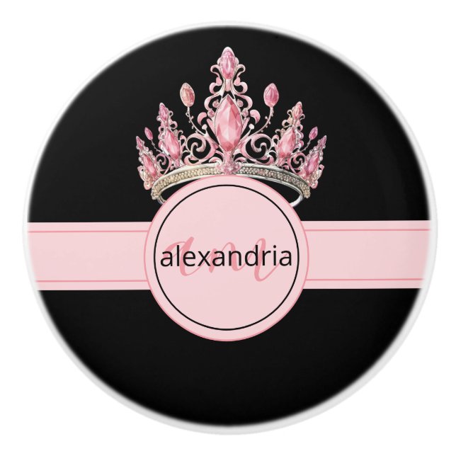 Pink Princess Monogram Tiara Girly Ceramic Knob (Front)