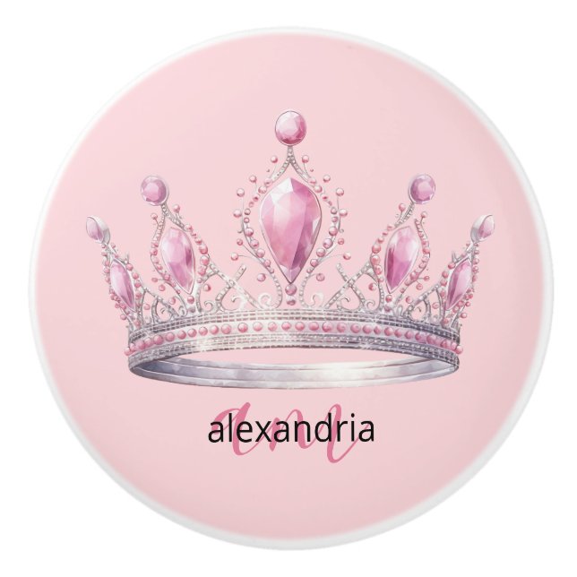 Pink Princess Monogram Tiara Girly Ceramic Knob (Front)