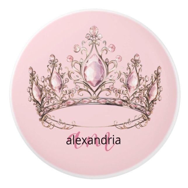 Pink Princess Monogram Tiara Girly Ceramic Knob (Front)