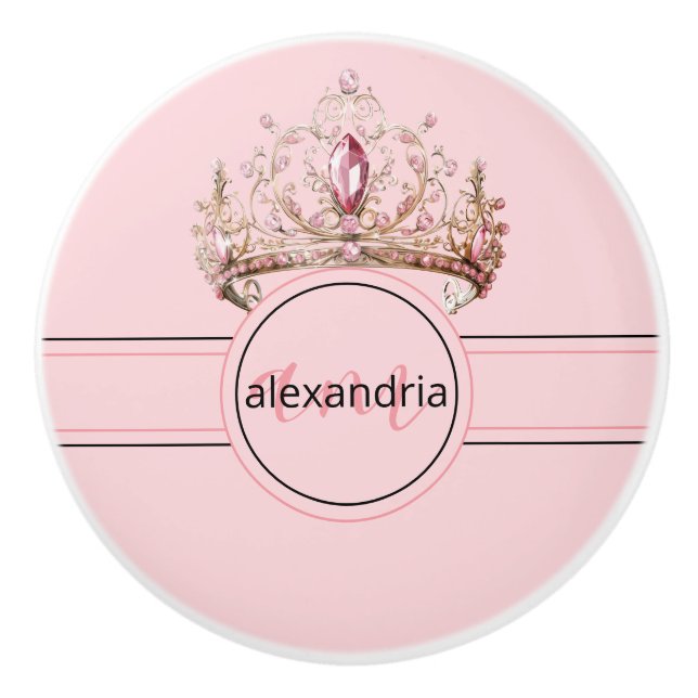 Pink Princess Monogram Tiara Girly Ceramic Knob (Front)