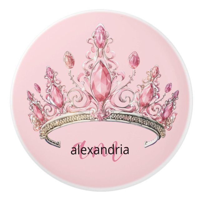 Pink Princess Monogram Tiara Girly Ceramic Knob (Front)