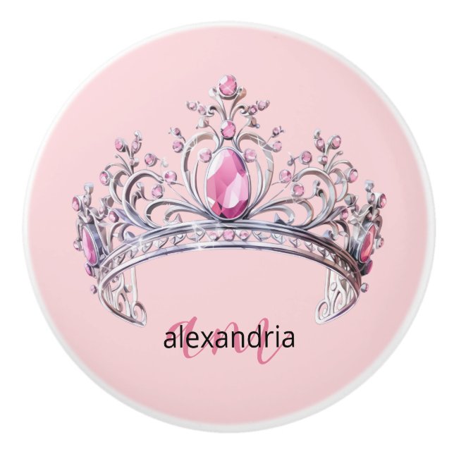 Pink Princess Monogram Tiara Girly Ceramic Knob (Front)
