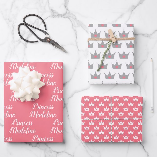 Pink Princess Name & Princess Crowns Wrapping Paper Sheets (Front)