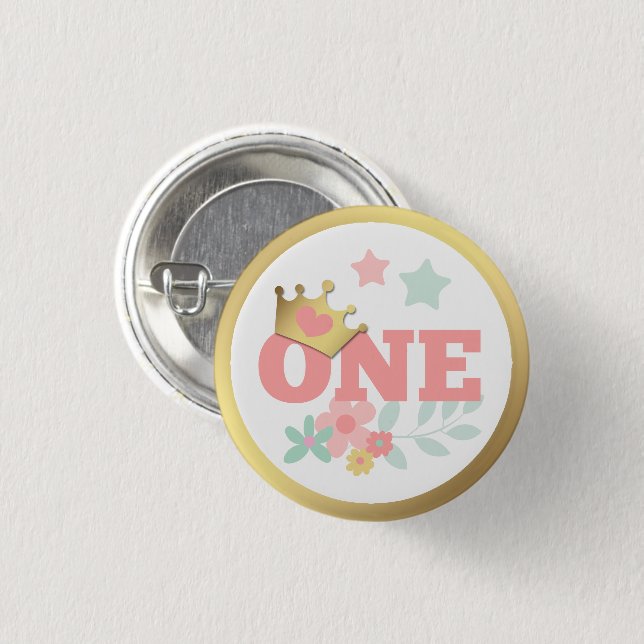 Pink Princess "One" Crown Baby Girl First Birthday Button (Front & Back)