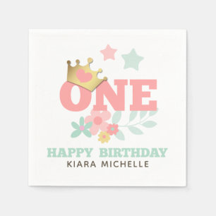 Pink Princess "One" Crown Baby Girl First Birthday Napkins
