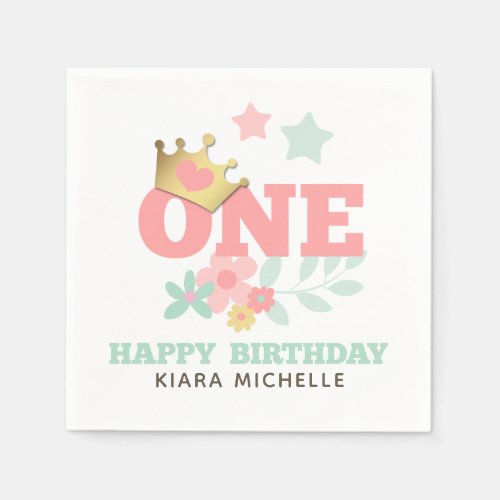 Pink Princess One Crown Baby Girl First Birthday Napkins