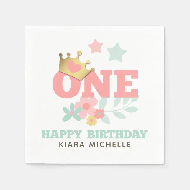 Pink Princess "One" Crown Baby Girl First Birthday Napkins | Zazzle