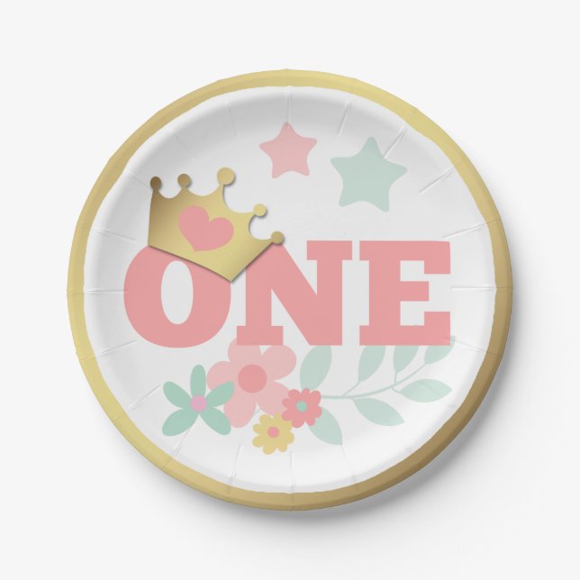 Pink Princess "One" Crown Baby Girl First Birthday Paper Plates (Front)