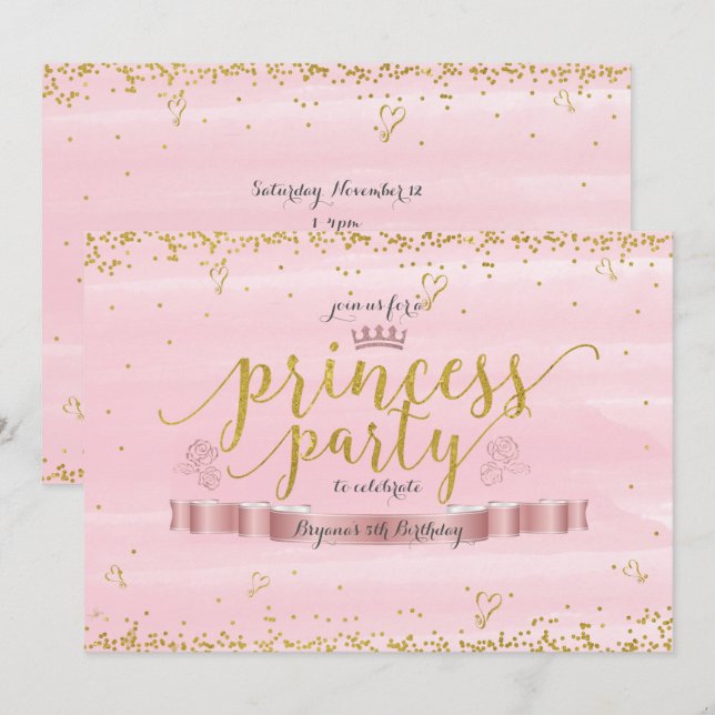 Pink Princess Party & Gold Birthday Invitations (Front/Back)