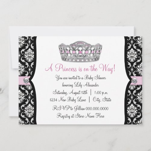 Pink Princess Pink Black Damask Baby Shower Invitation