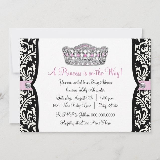 Pink Princess Pink Black Damask Baby Shower Invitation (Front)