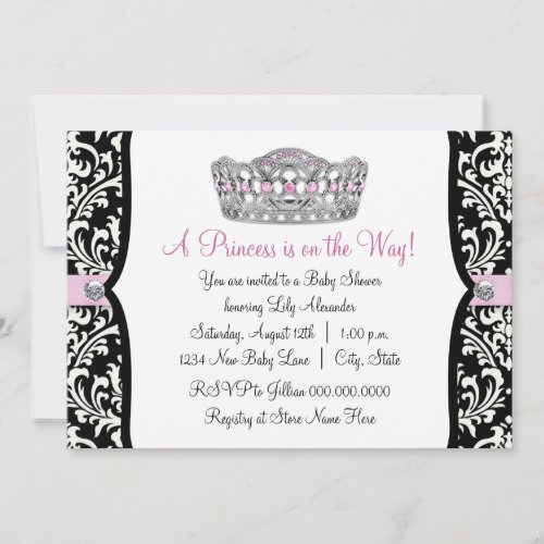 Pink Princess Pink Black Damask Baby Shower Invitation