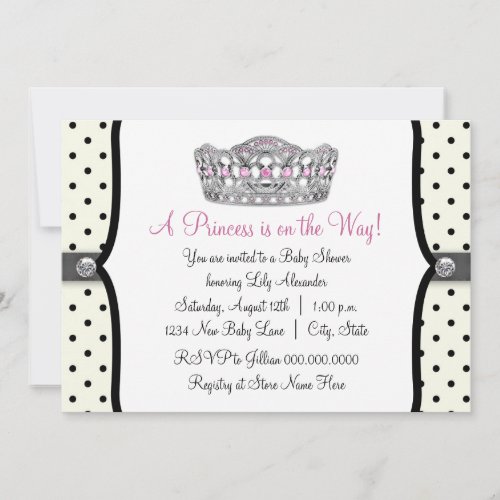 Pink Princess Pink Black Polka Dot Baby Shower Invitation