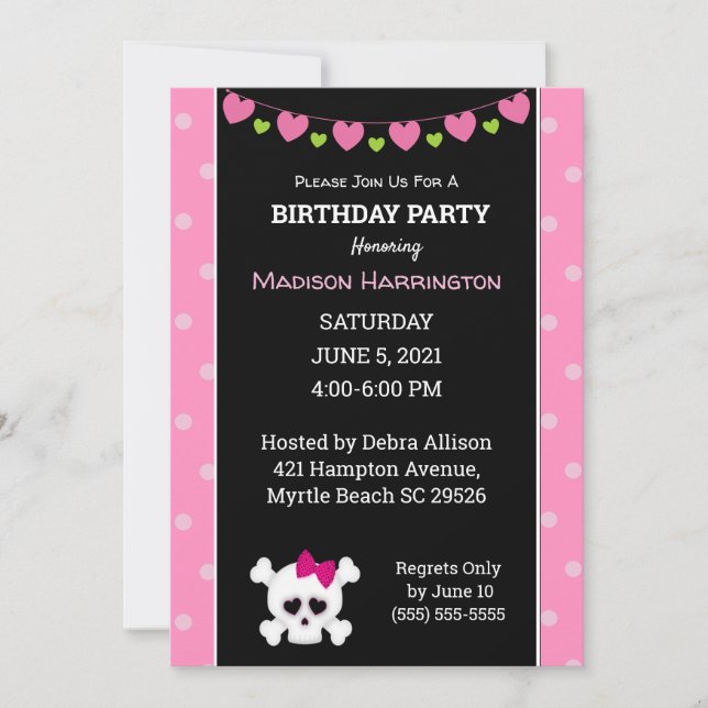 Pink Princess Pirate  Skull  Birthday Invitation (Front)