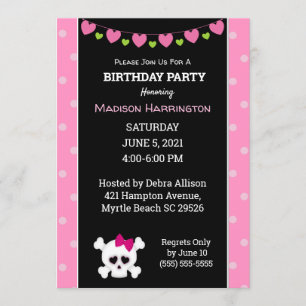 Pink Princess Pirate Skull Birthday Invitation