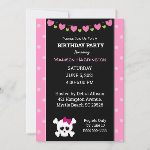 Pink Princess Pirate  Skull  Birthday Invitation