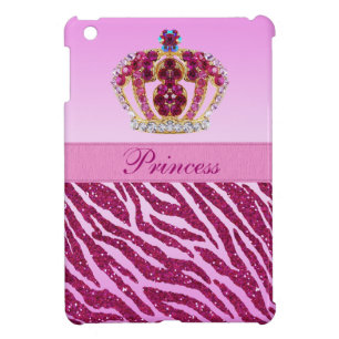 Pink Princess Printed Crown & Zebra Glitter iPad Mini Cover
