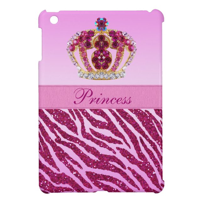 Pink Princess Printed Crown & Zebra Glitter iPad Mini Cover (Back)