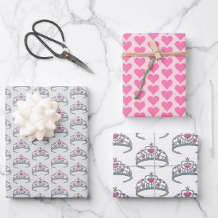 Pink Princess Queen Tiara Dress-Up Crown Heart Wrapping Paper Sheets