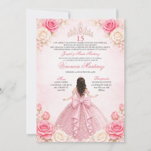 Pink Princess Quinceañera Floral Tiara Invitation