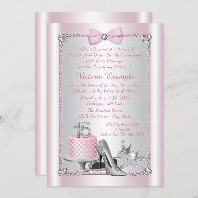 Pink Princess Quinceanera Invitations (Front/Back)