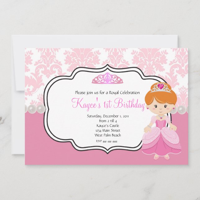 Pink Princess Red Hair  Damask and Pearls Invitation (Front)
