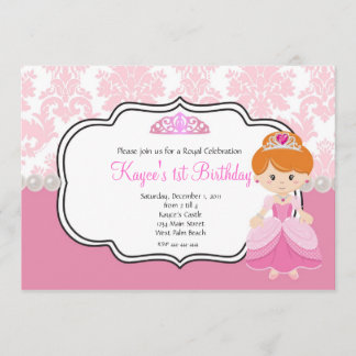 Pink Princess Red Hair  Damask and Pearls Invitation