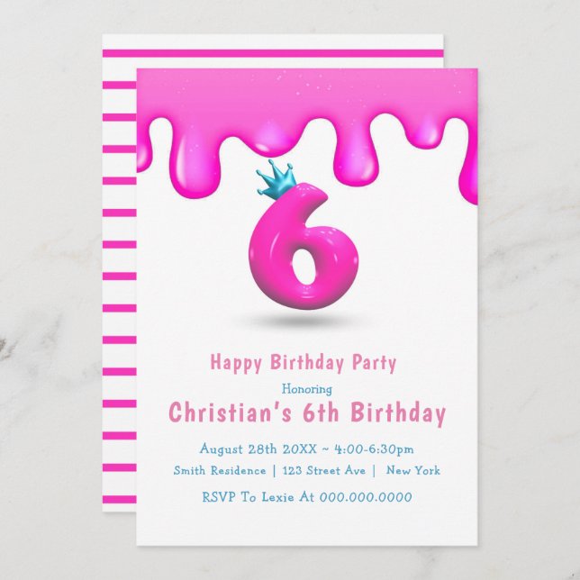 Pink Princess Slime 6th Birthday Invitations (Front/Back)