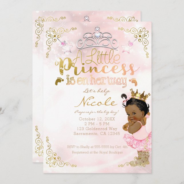 Pink Princess Sparkle Ethnic Dark Skin Baby Shower Invitation (Front/Back)