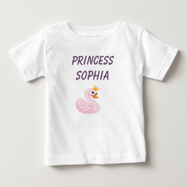Pink princess swan on white name baby T-Shirt (Front)